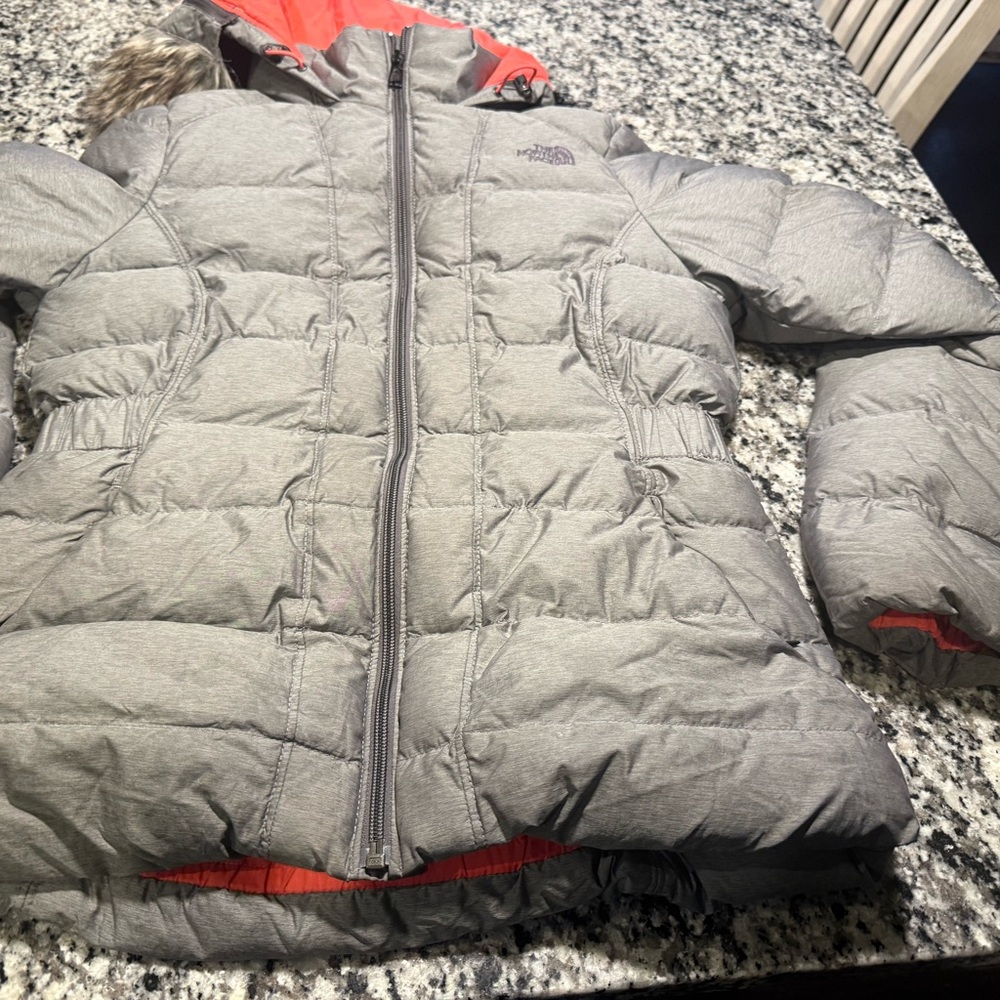 The North Face Gray Puffer Jacket with Red Accents